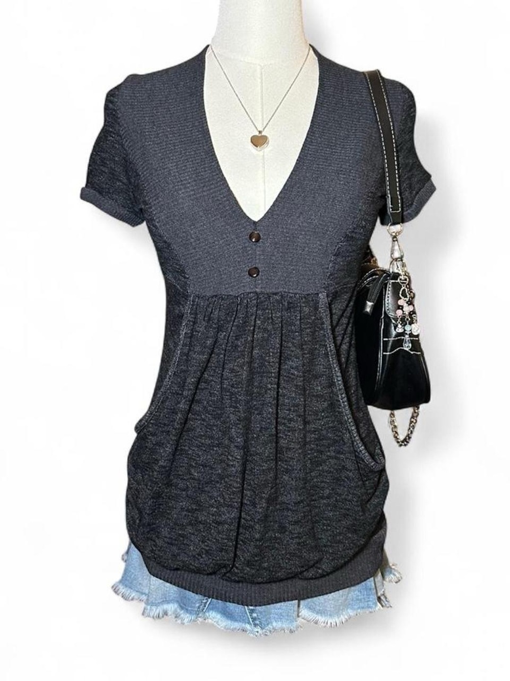 Y2K Wet Seal Dark Gray Short Sleeve Babydoll Tunic Top Bella Swan Twilight Core